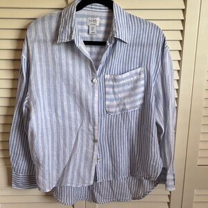 Nicole Miller Light Blue and White Striped Button-Up Blouse